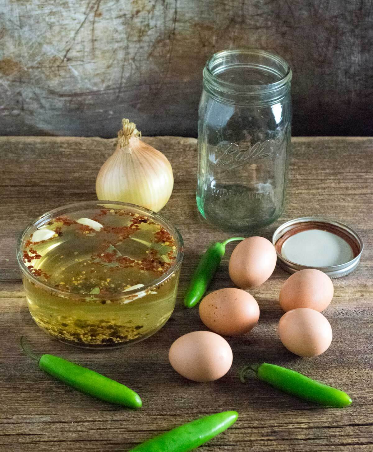 Showing ingredients for spicy pickled eggs.