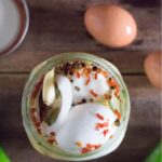 Spicy pickled eggs.