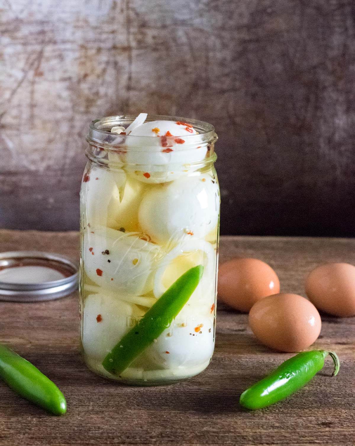 Spicy pickled eggs.