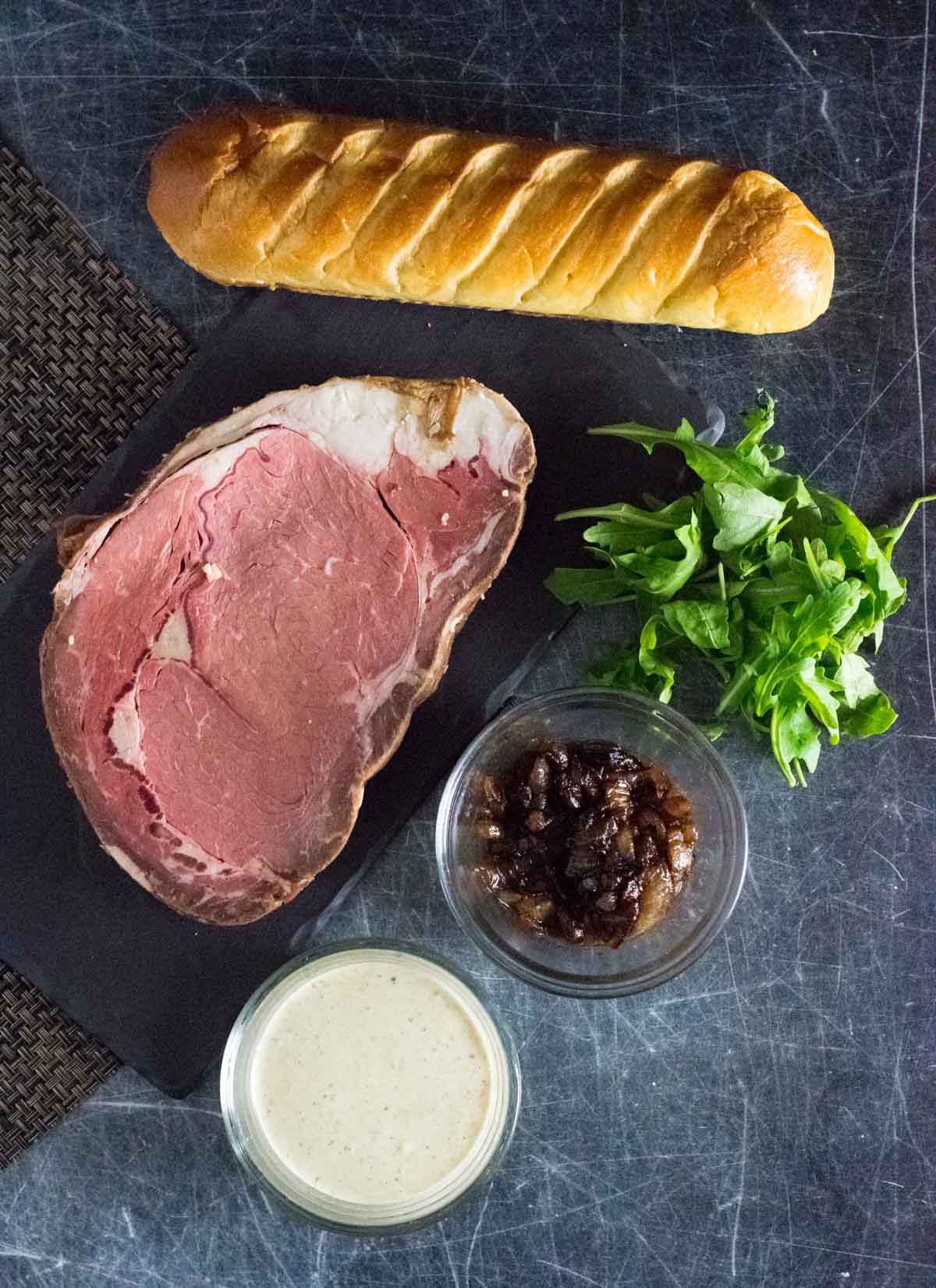 Showing ingredients for making a leftover prime rib sandwich.