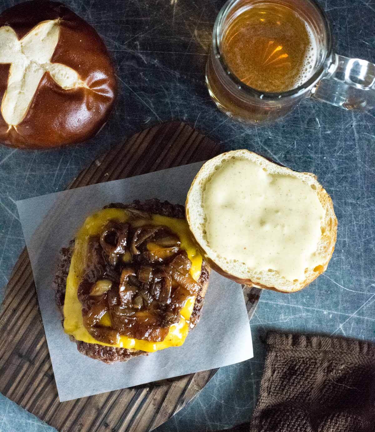 Pub burger assembly.