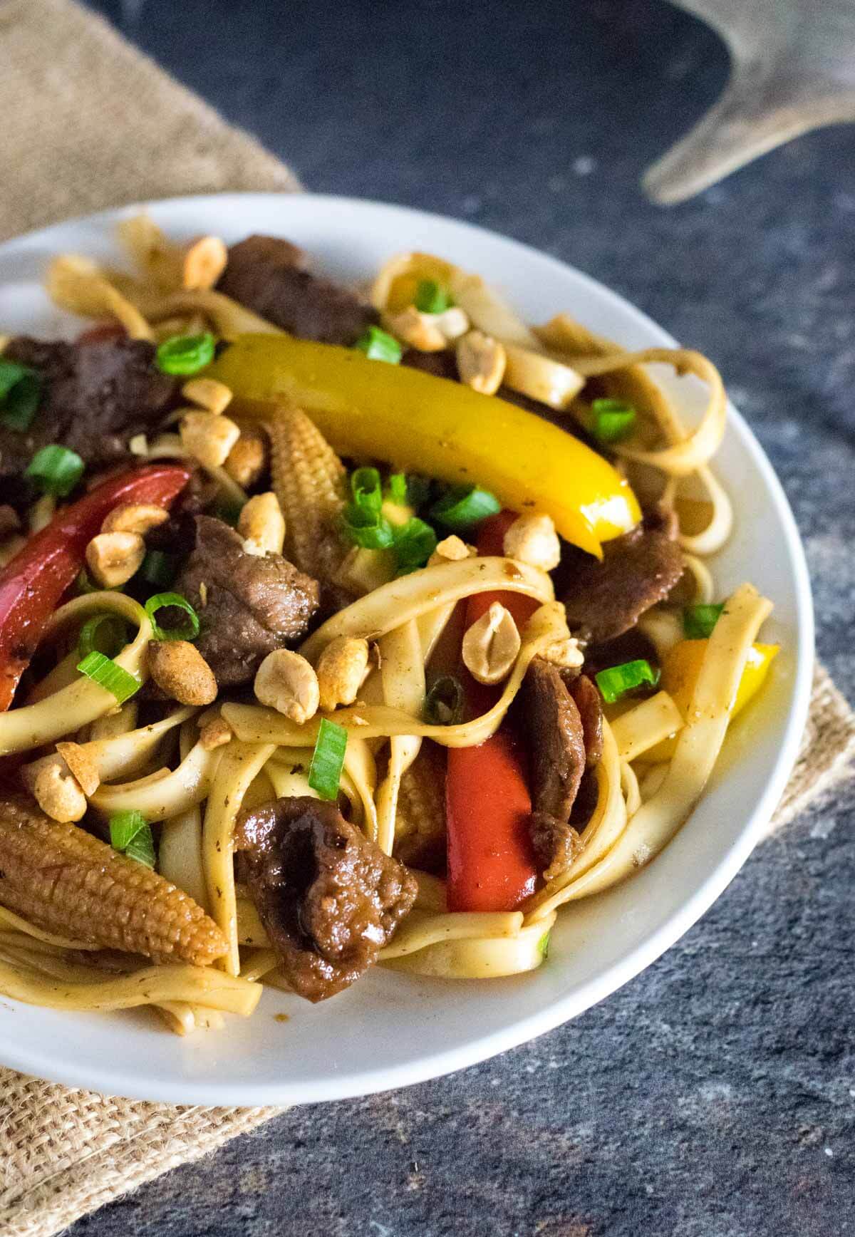 Serving venison stir fry on white plate.