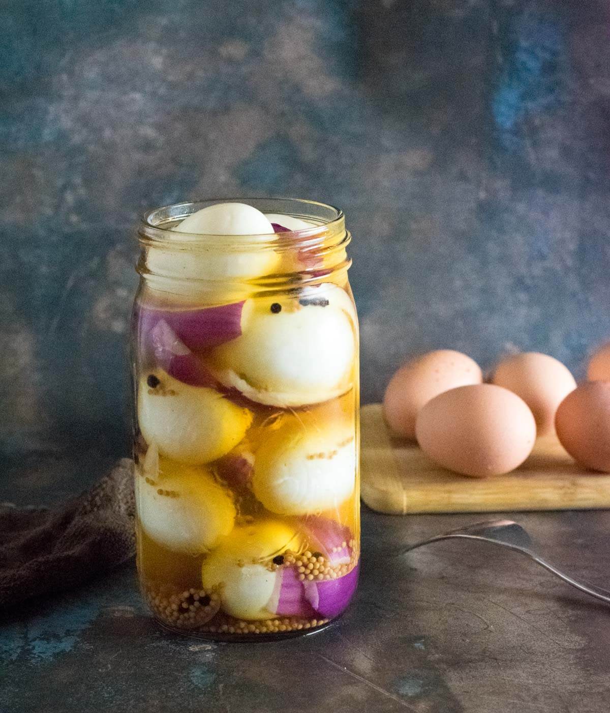 Pickled eggs with apple cider vinegar.