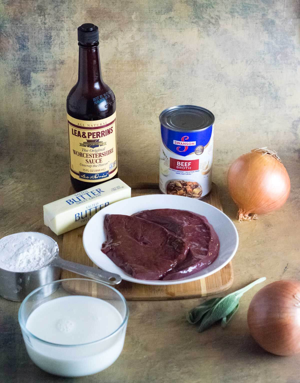 Showing ingredients for liver and onions with gravy.