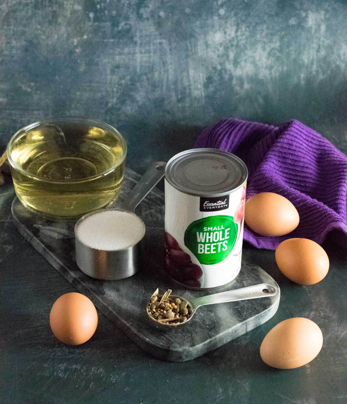 Showing ingredients for pickled eggs with beets.