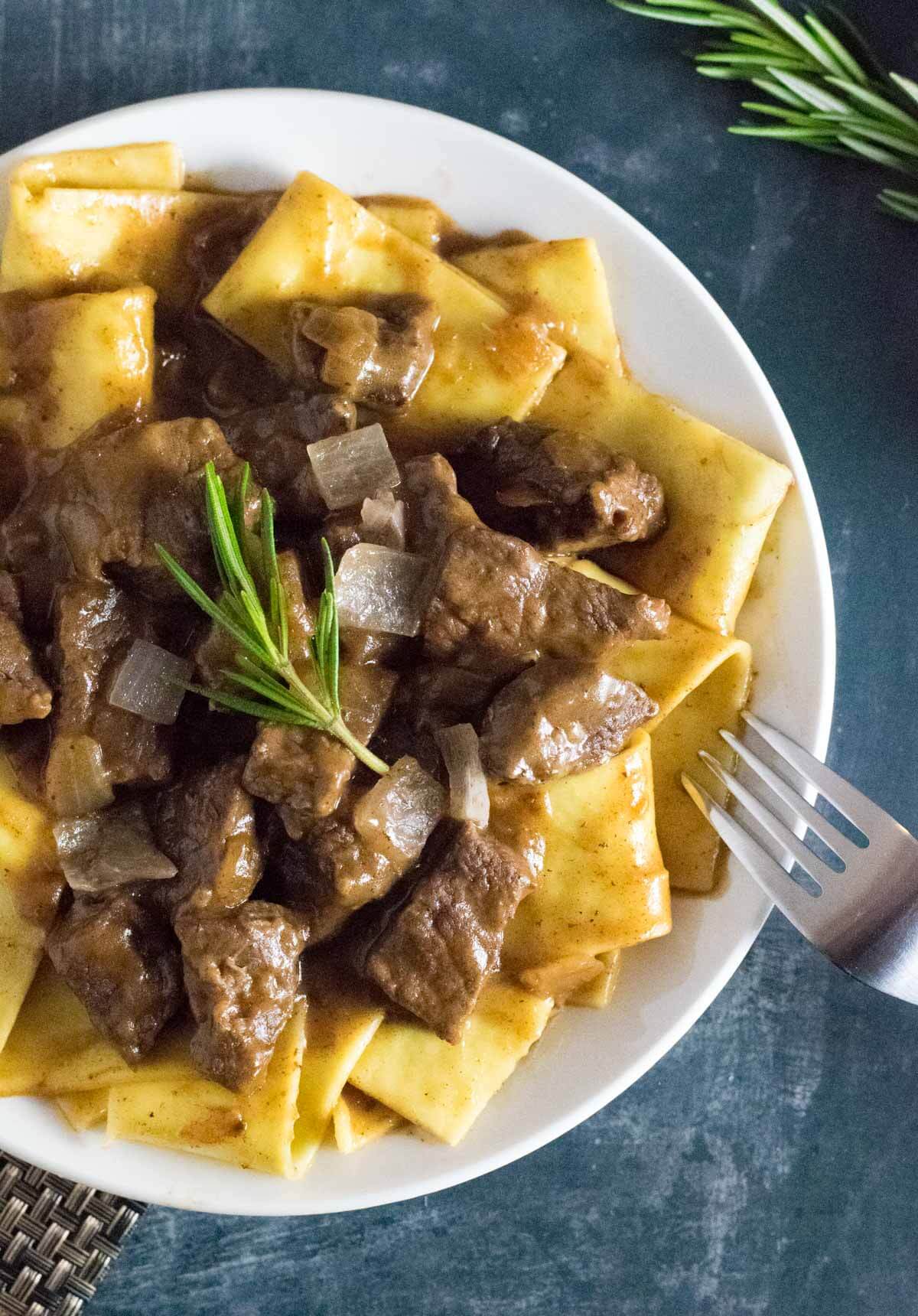 Beef and noodles with steak tips.