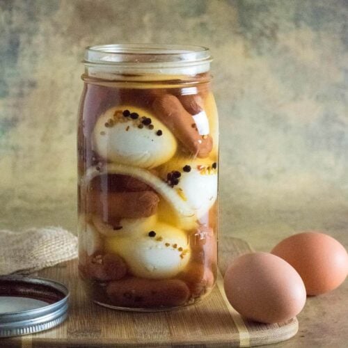 Pickled eggs and sausage recipe.