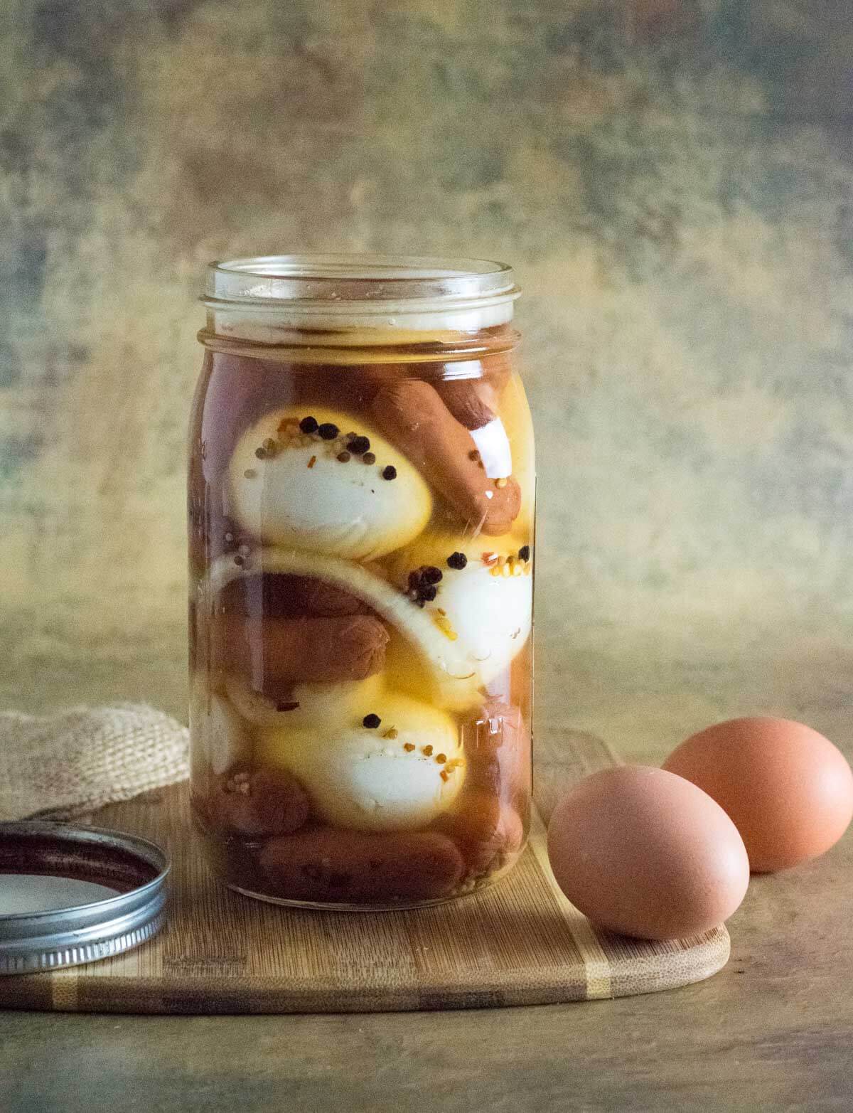 Pickled eggs and sausage.