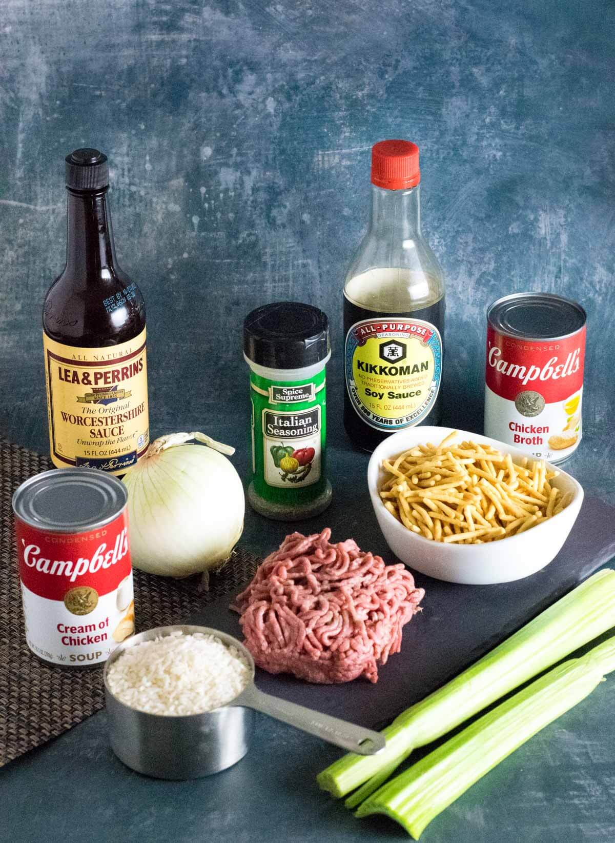 Showing ingredients for Hamburger rice hotdish recipe.