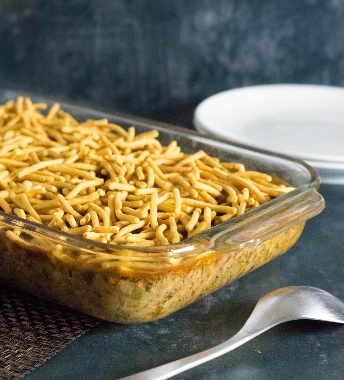 Serving hamburger and rice hotdish.