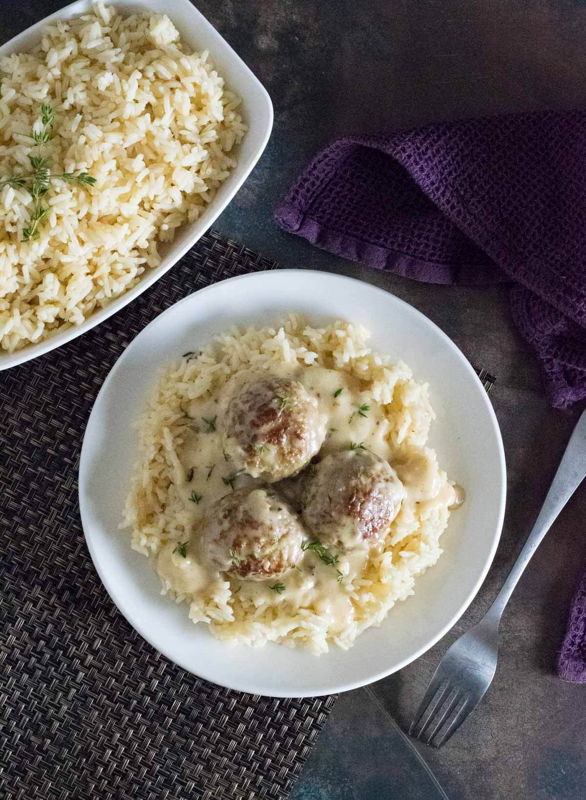 Meatballs and rice.