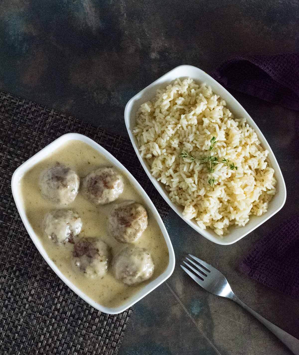 Meatballs with rice.