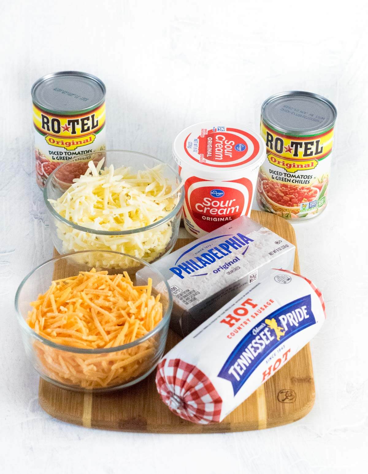 Showing ingredients needed for queso sausage dip.