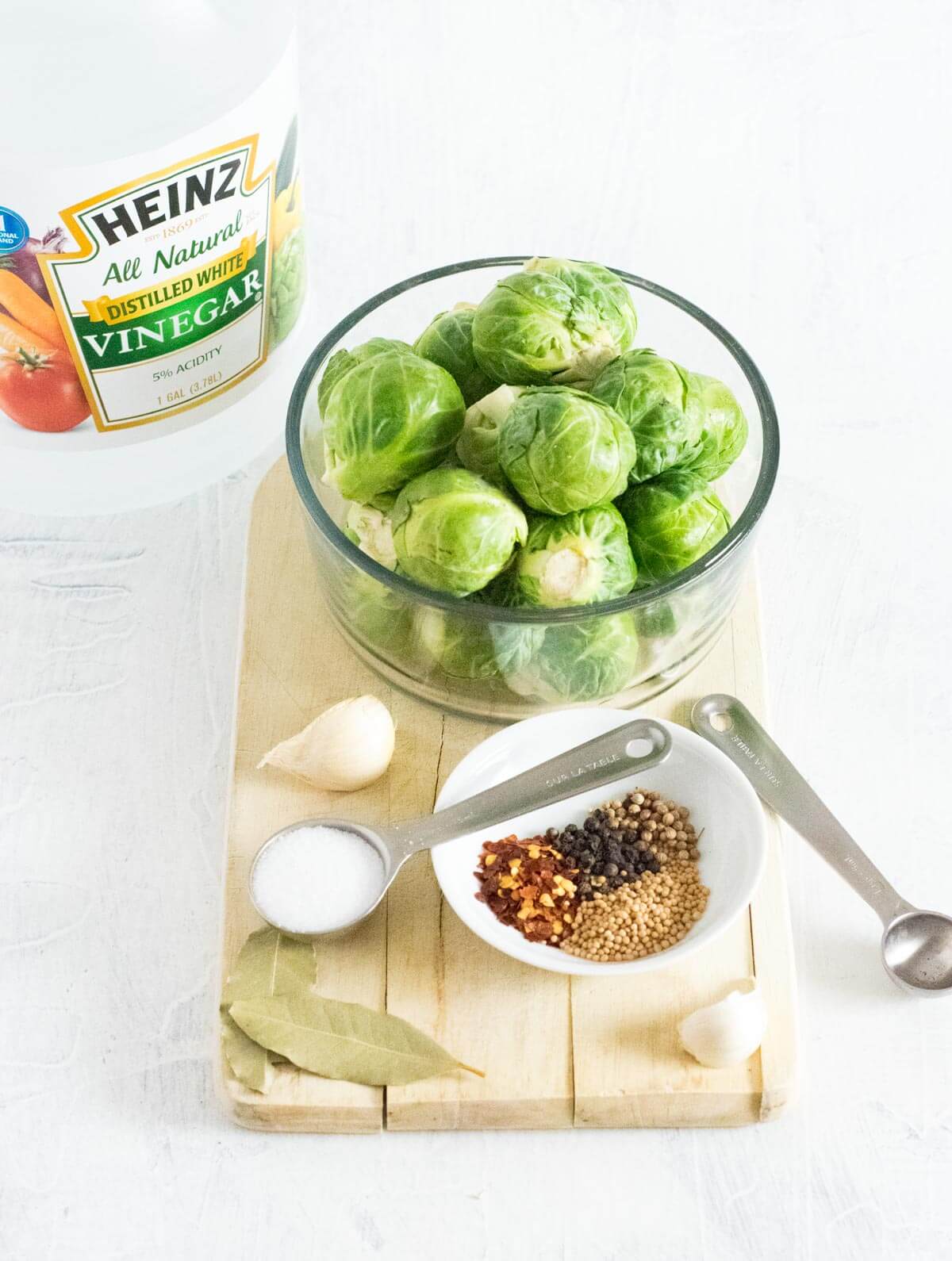 Showing needed ingredients for Pickled Brussels Sprouts.