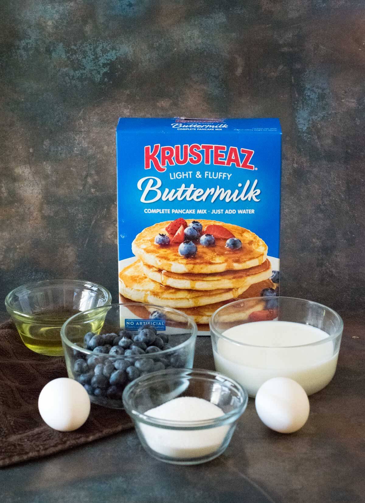 Showing ingredients needed for pancake mix muffins.
