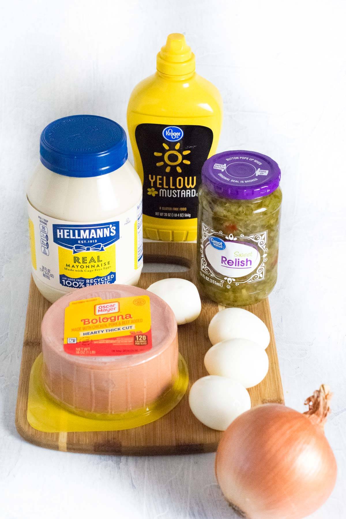 Showing bologna salad sandwich spread ingredients.