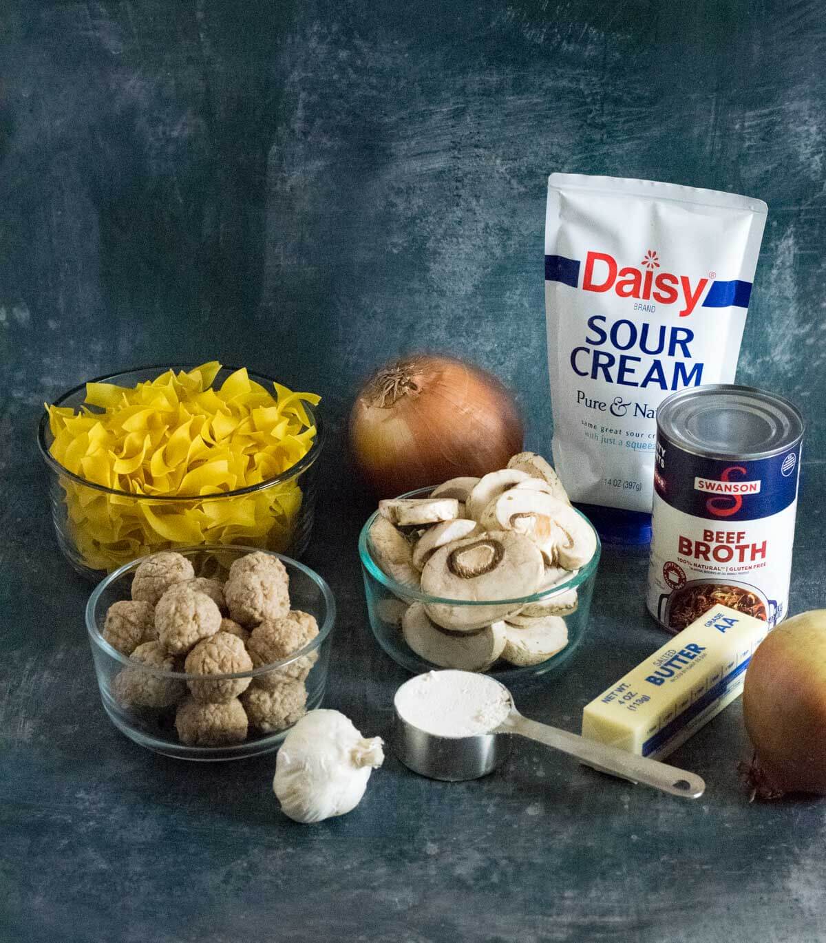 Ingredients for meatball stroganoff.