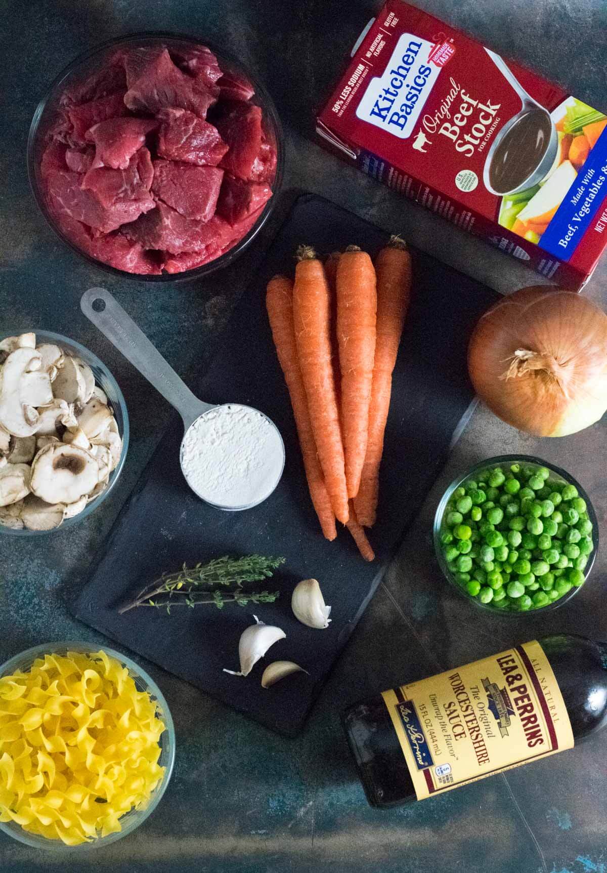 Showing ingredients for Beef stew with noodles.
