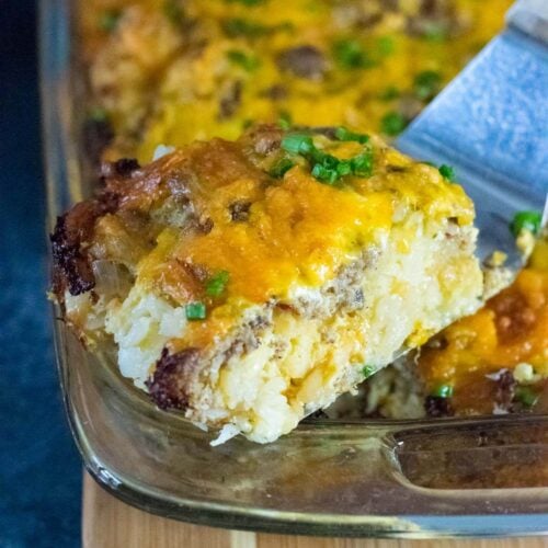 Tater tot casserole recipe with breakfast sausage.