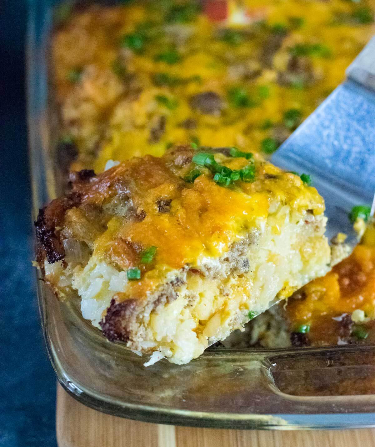 Tater tot casserole with breakfast sausage.