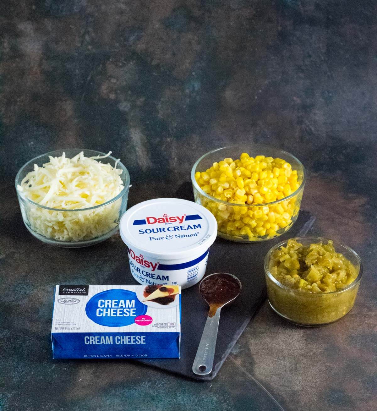 Showing ingredients for cheesy corn dip.
