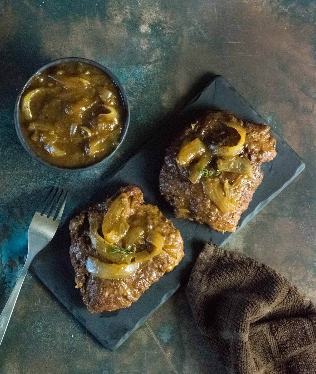 Cube steak with onion gravy.