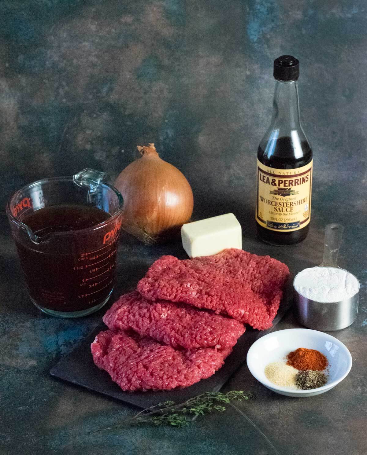 Showing ingredient for cube steak with onion gravy.