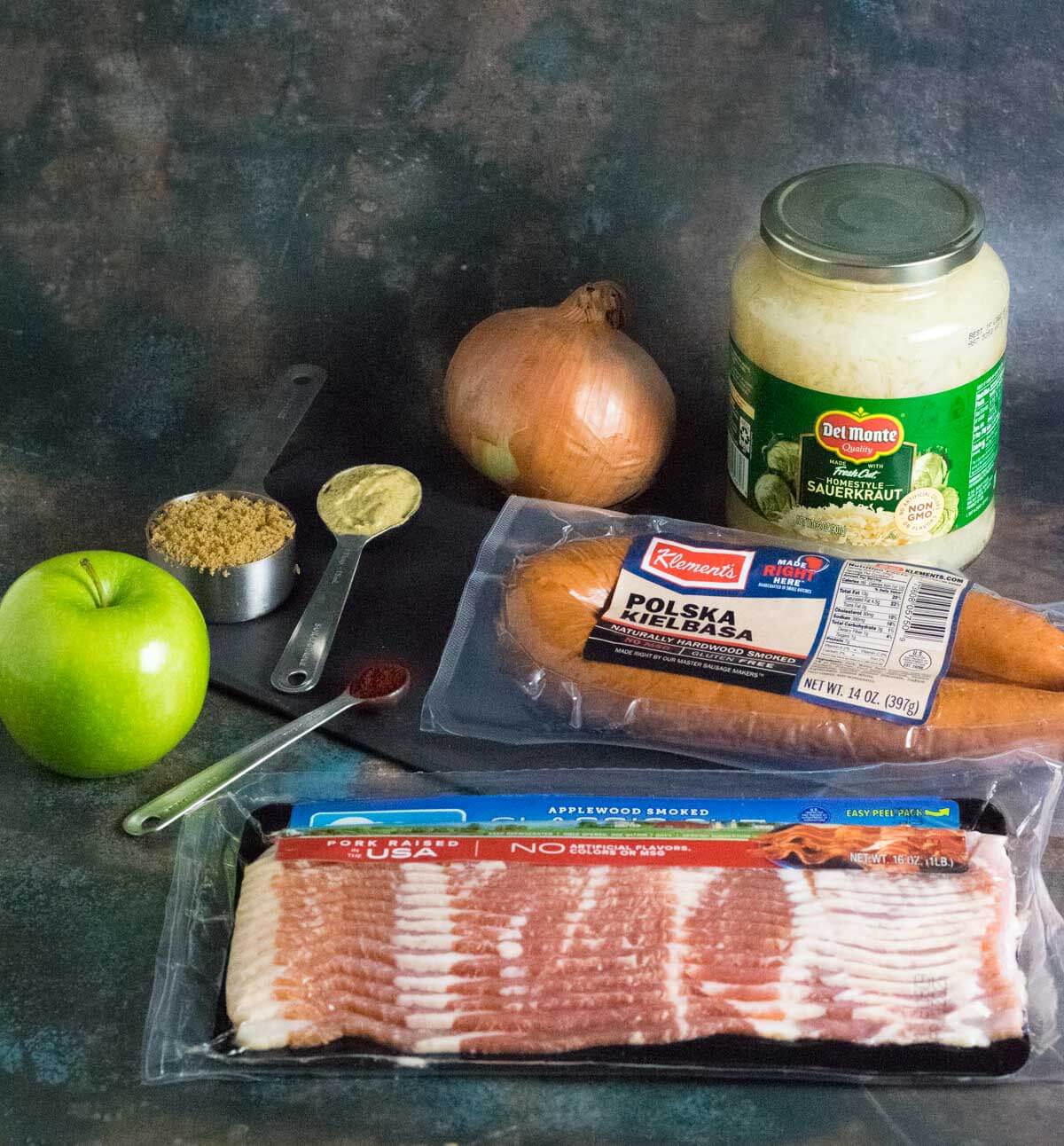 Showing ingredients for sausage and sauerkraut.